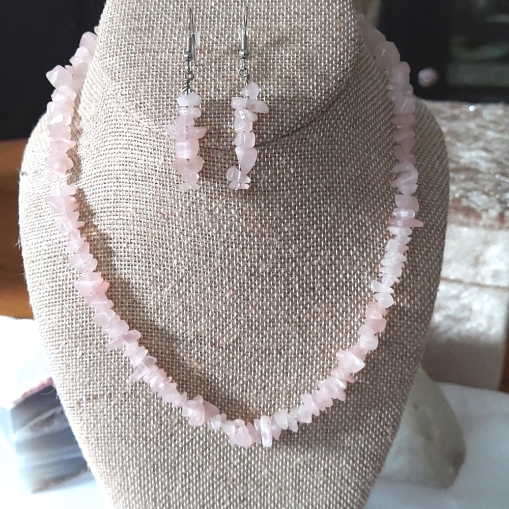 Rose Quartz Chip Necklace and Earrings - Soft Pink